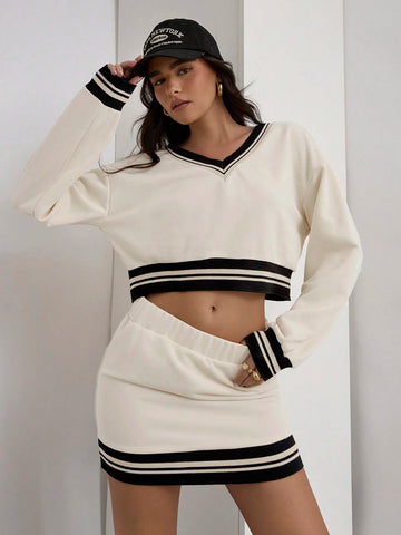 COSMINA Women 2 Piece Set, Casual Striped Trim Cropped Top & Mini Skirt, For Autumn