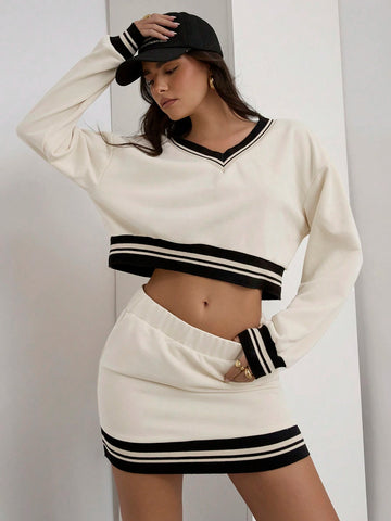 COSMINA Women 2 Piece Set, Casual Striped Trim Cropped Top & Mini Skirt, For Autumn
