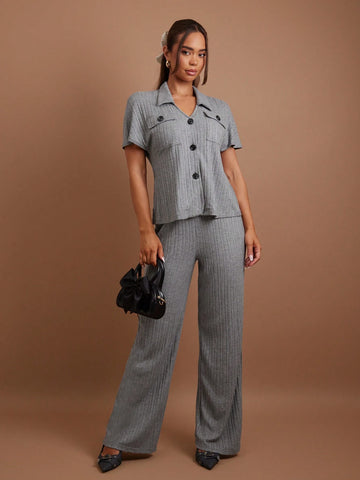 COSMINA Women 2pcs/Set Casual Solid Color Short Sleeve Top And Pants Set, Autumn