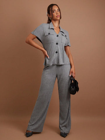 COSMINA Women 2pcs/Set Casual Solid Color Short Sleeve Top And Pants Set, Autumn