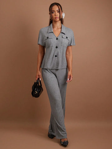 COSMINA Women 2pcs/Set Casual Solid Color Short Sleeve Top And Pants Set, Autumn