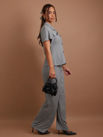 COSMINA Women 2pcs/Set Casual Solid Color Short Sleeve Top And Pants Set, Autumn