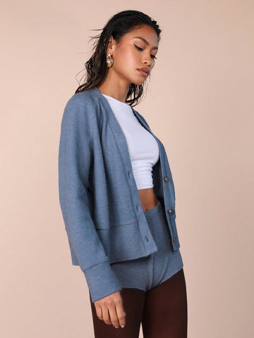 COSMINA Women 2pcs Set: Solid Color Front Button Long Sleeve Blouse And Shorts
