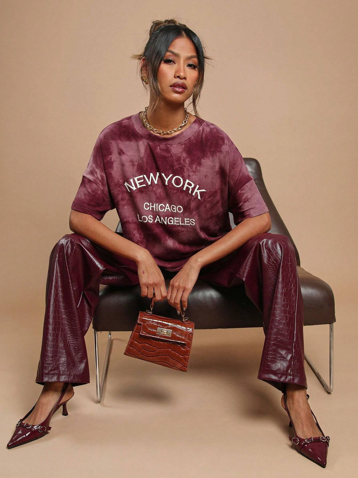 Women Burgundy Letter & National Flag Print Oversized T-Shirt, Autumn/Winter