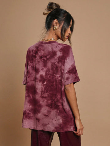 Women Burgundy Letter & National Flag Print Oversized T-Shirt, Autumn/Winter