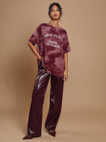 Women Burgundy Letter & National Flag Print Oversized T-Shirt, Autumn/Winter