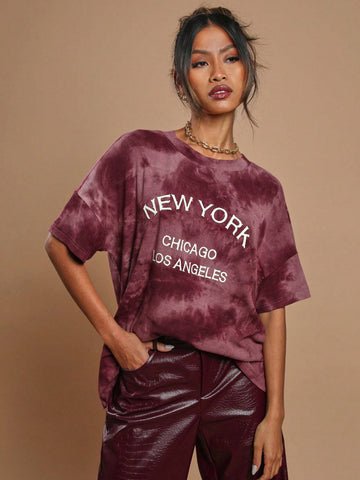 Women Burgundy Letter & National Flag Print Oversized T-Shirt, Autumn/Winter