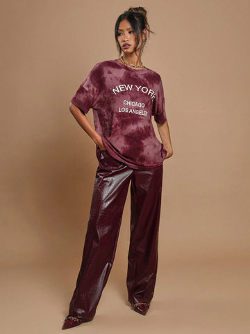 Women Burgundy Letter & National Flag Print Oversized T-Shirt, Autumn/Winter