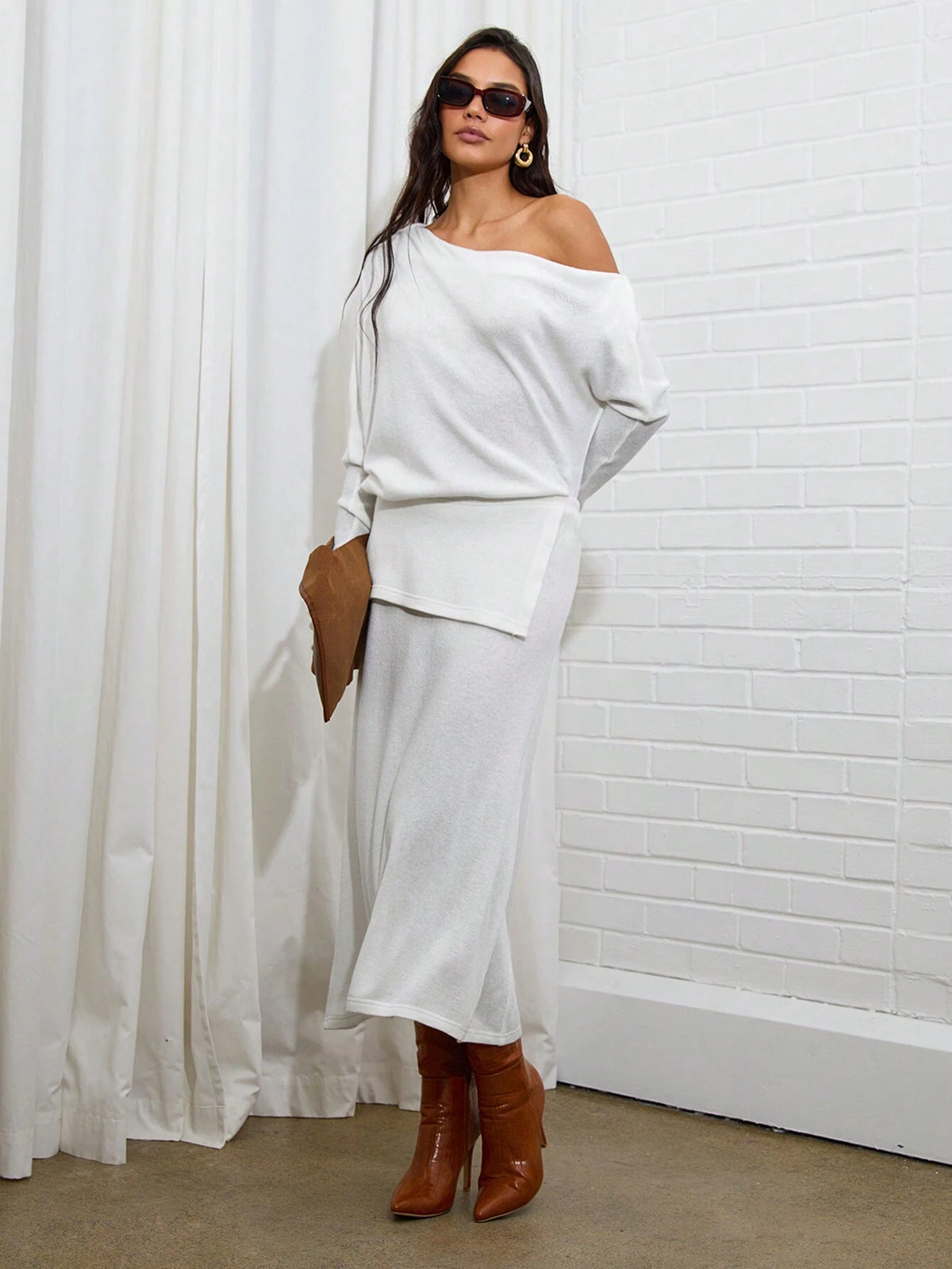 COSMINA Women Casual Solid Color Asymmetrical Collar Top And Skirt 2-Piece Set, Autumn