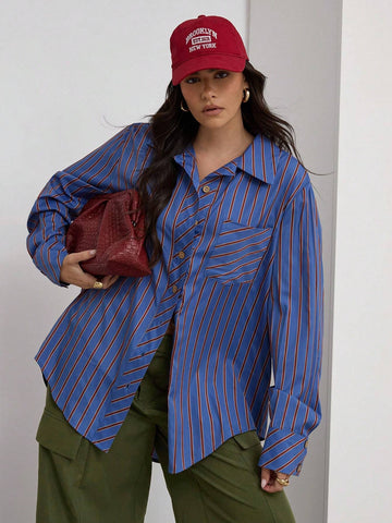 Women Casual Striped Print Patchwork Pocket Blouse, Spring/Autumn