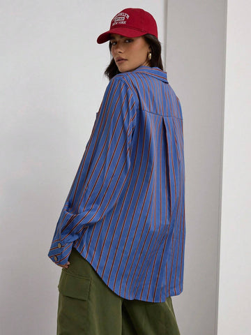 Women Casual Striped Print Patchwork Pocket Blouse, Spring/Autumn