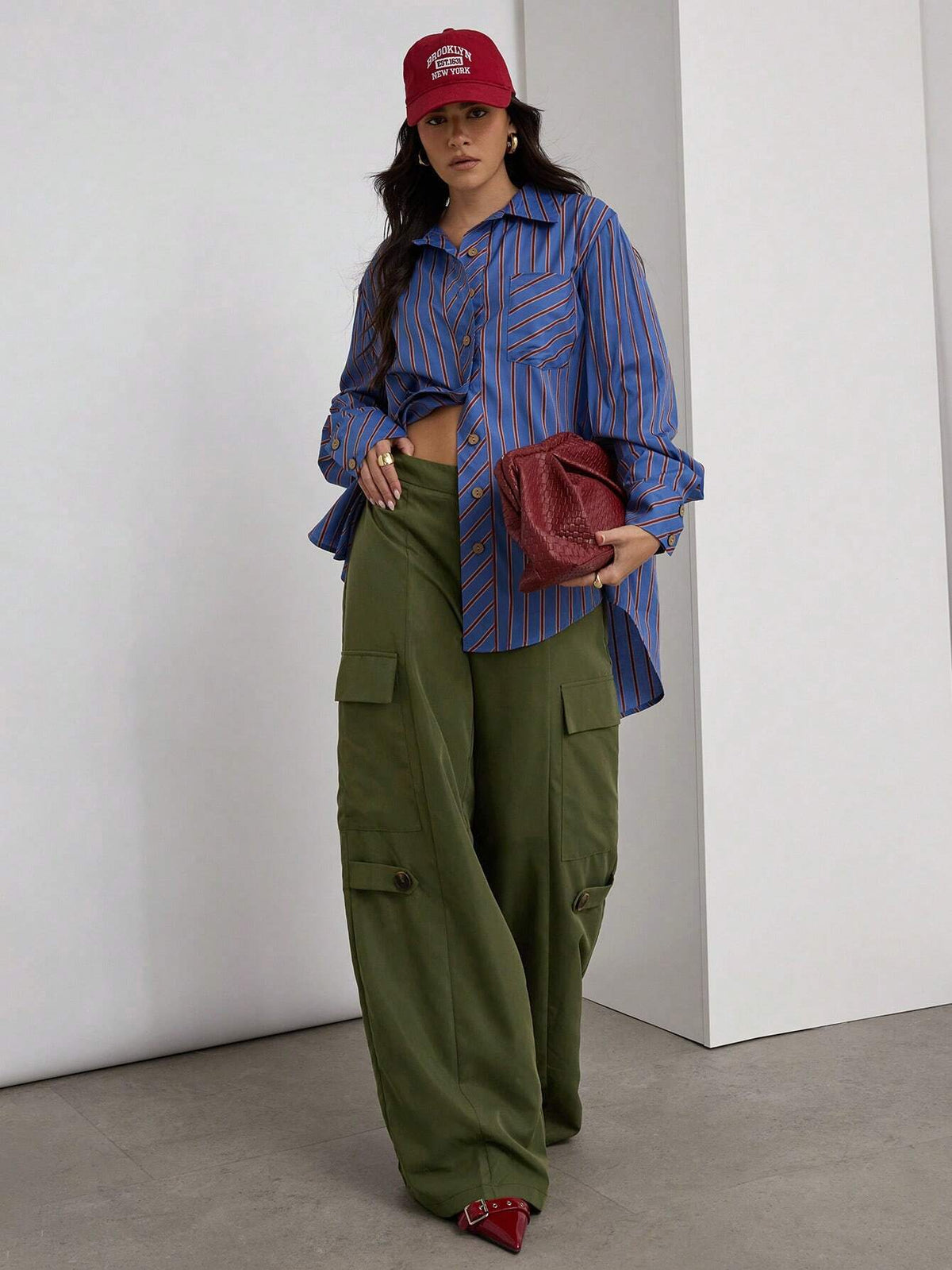 Women Casual Striped Print Patchwork Pocket Blouse, Spring/Autumn