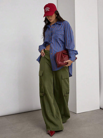 Women Casual Striped Print Patchwork Pocket Blouse, Spring/Autumn