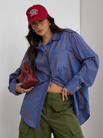 Women Casual Striped Print Patchwork Pocket Blouse, Spring/Autumn