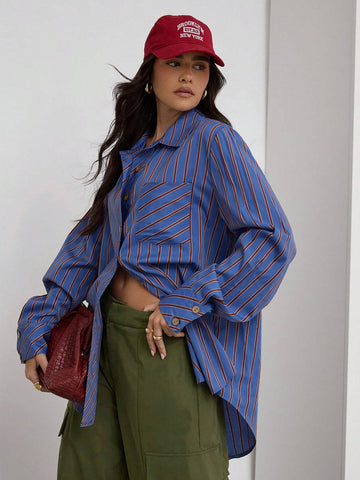 Women Casual Striped Print Patchwork Pocket Blouse, Spring/Autumn