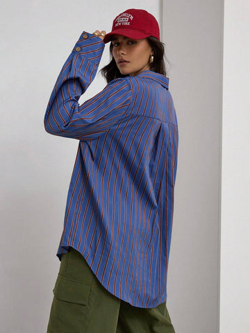 Women Casual Striped Print Patchwork Pocket Blouse, Spring/Autumn