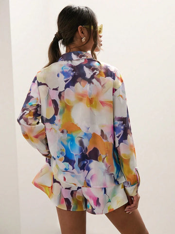 Women Colorful Floral Print Long Sleeve Shirt