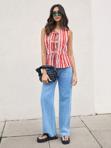 Women Cotton Red And White Striped Printed Hollow Out Sexy Casual Sleeveless Tie-Up Peplum Blouse With Round Neck FAll