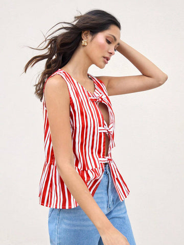 Women Cotton Red And White Striped Printed Hollow Out Sexy Casual Sleeveless Tie-Up Peplum Blouse With Round Neck FAll