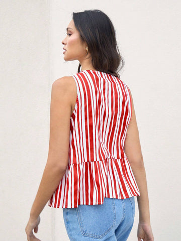 Women Cotton Red And White Striped Printed Hollow Out Sexy Casual Sleeveless Tie-Up Peplum Blouse With Round Neck FAll