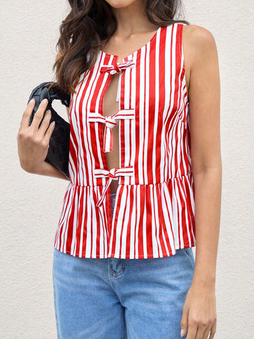 Women Cotton Red And White Striped Printed Hollow Out Sexy Casual Sleeveless Tie-Up Peplum Blouse With Round Neck FAll