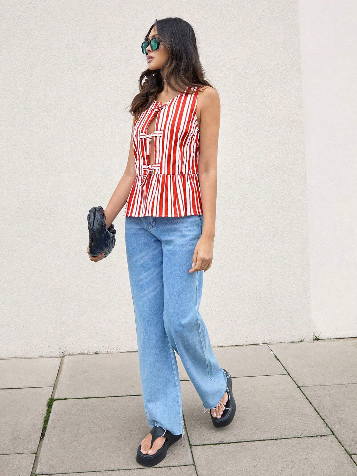 Women Cotton Red And White Striped Printed Hollow Out Sexy Casual Sleeveless Tie-Up Peplum Blouse With Round Neck FAll