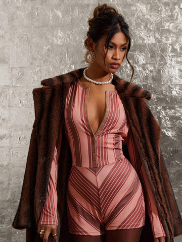 COSMINA Women Front Button Long Sleeve Striped Casual Slim Jumpsuit