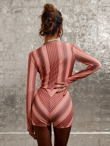 COSMINA Women Front Button Long Sleeve Striped Casual Slim Jumpsuit
