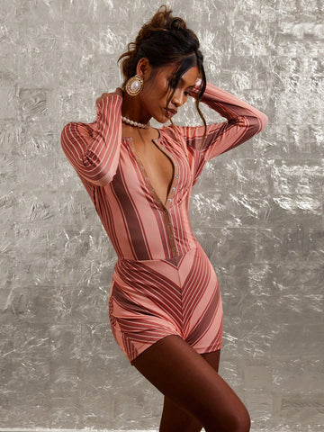 COSMINA Women Front Button Long Sleeve Striped Casual Slim Jumpsuit