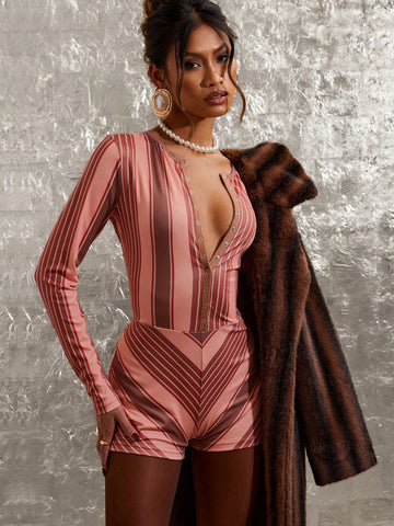 COSMINA Women Front Button Long Sleeve Striped Casual Slim Jumpsuit