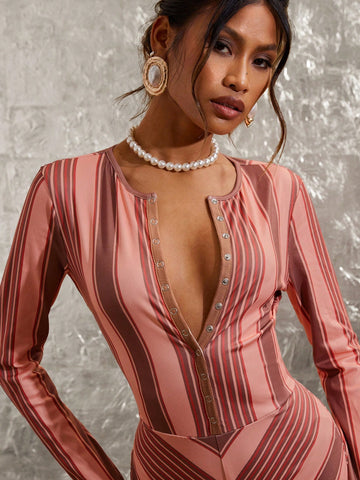 COSMINA Women Front Button Long Sleeve Striped Casual Slim Jumpsuit