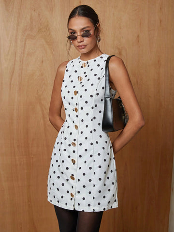 COSMINA Women Polka Dot Print Round Neck Single-Breasted Sleeveless Casual Mini Dress