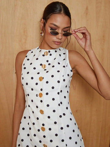 COSMINA Women Polka Dot Print Round Neck Single-Breasted Sleeveless Casual Mini Dress