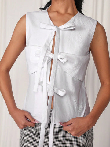 Women Sleeveless Solid Color Casual Blouse, Minimalist & Fashionable For Daily Wear