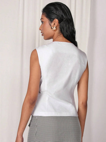 Women Sleeveless Solid Color Casual Blouse, Minimalist & Fashionable For Daily Wear