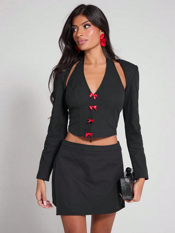 COSMINA Women Solid Color Long Sleeve Halter Neck Top With Bow Decor And Asymmetrical Hem Skirt, Casual 2-Piece Set