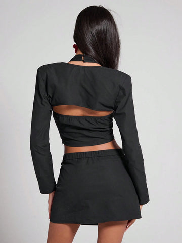 COSMINA Women Solid Color Long Sleeve Halter Neck Top With Bow Decor And Asymmetrical Hem Skirt, Casual 2-Piece Set