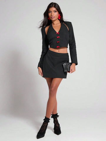COSMINA Women Solid Color Long Sleeve Halter Neck Top With Bow Decor And Asymmetrical Hem Skirt, Casual 2-Piece Set