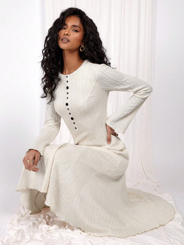 COSMINA Women Solid Color Round Neck Casual Versatile Long Sleeve Mid-Length Dress