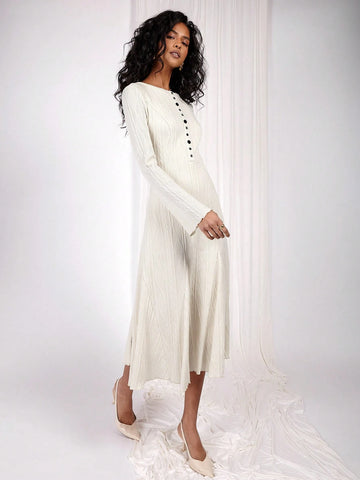 COSMINA Women Solid Color Round Neck Casual Versatile Long Sleeve Mid-Length Dress