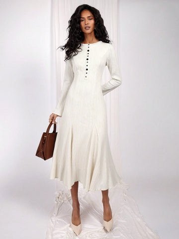 COSMINA Women Solid Color Round Neck Casual Versatile Long Sleeve Mid-Length Dress