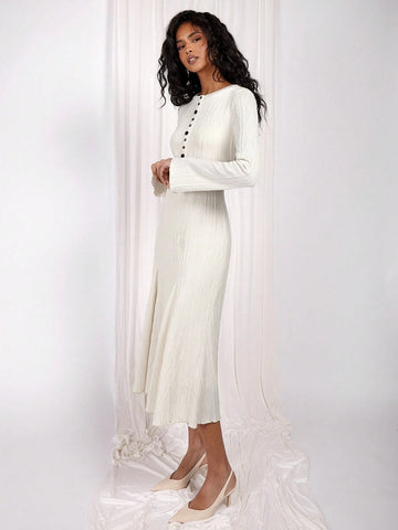 COSMINA Women Solid Color Round Neck Casual Versatile Long Sleeve Mid-Length Dress