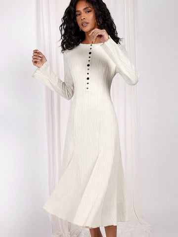 COSMINA Women Solid Color Round Neck Casual Versatile Long Sleeve Mid-Length Dress