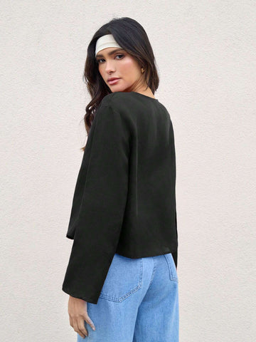 Women Spring Fall Casual Long Sleeve Tie-Up Linen Blend Top Street Style Flowy Shirt