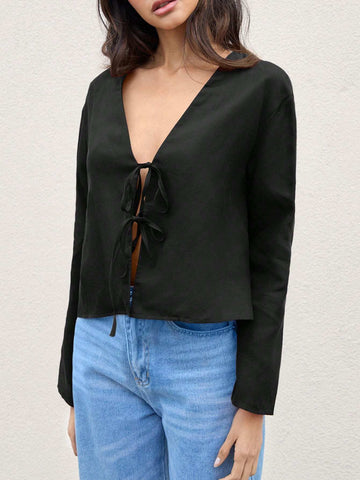 Women Spring Fall Casual Long Sleeve Tie-Up Linen Blend Top Street Style Flowy Shirt