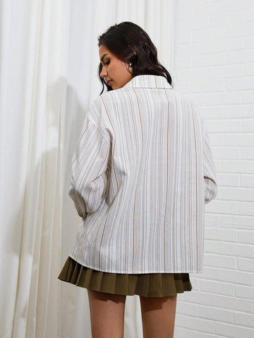 Women Striped Drop Shoulder Casual Loose Fit Long Sleeve Shirt, Autumn