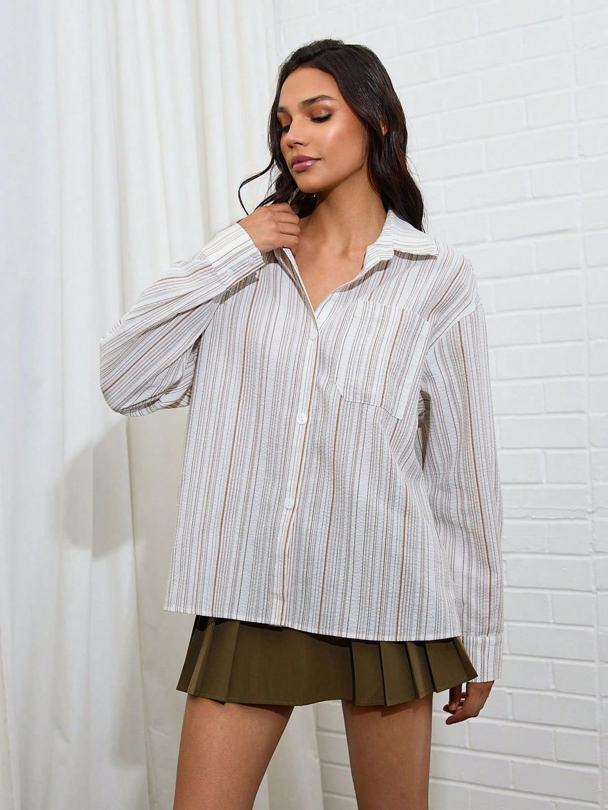 Women Striped Drop Shoulder Casual Loose Fit Long Sleeve Shirt, Autumn