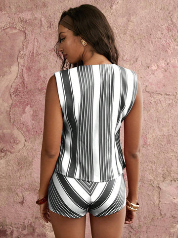 Women Striped Front Button Sleeveless Casual Shirt