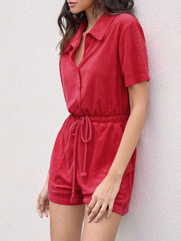 COSMINA Women Summer Casual Solid Color Drawstring Waist Jumpsuit