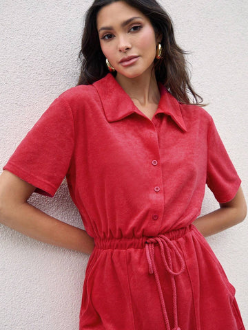 COSMINA Women Summer Casual Solid Color Drawstring Waist Jumpsuit